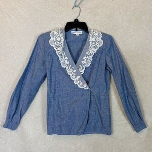 Vintage Edwardian Style Blouse Blue Lace Collar Nancy Crystal Women’s Sz 6